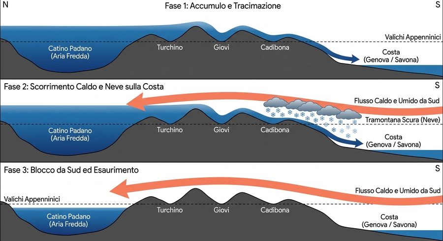 Le tre fasi della tramontana scura: l'aria fredda riempie il catino padano e tracima dai valichi verso la costa; poi un flusso caldo e umido da sud scorre sopra l'aria fredda e nevica fino al mare; infine l'aria fredda cala sotto la quota dei valichi e lo scirocco prende il sopravvento.