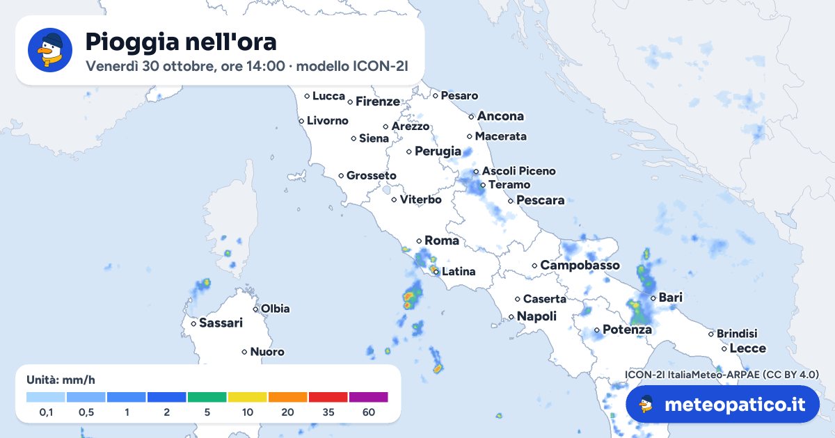 Mappa della pioggia prevista mercoledì 21 ottobre