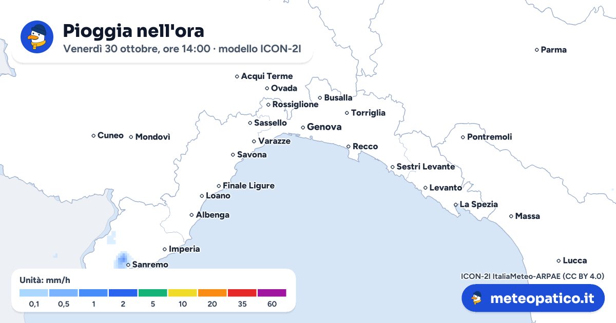 Mappa della pioggia prevista martedì 20 ottobre